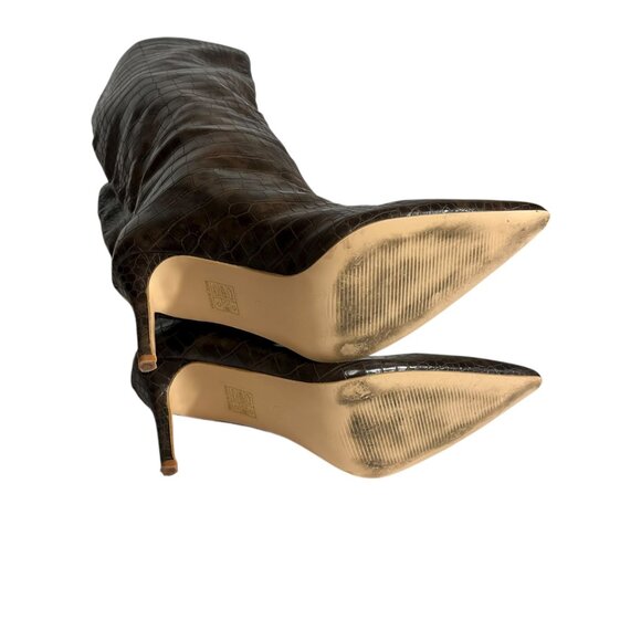 Brown Croc Embossed Knee High Stiletto Heel Boots Size 6 Womens Faux Leather - Picture 5 of 7